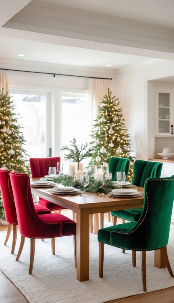 A dining room with a wooden table set for a meal, surrounded by red and green velvet chairs, and decorated with Christmas garlands and candles. Two decorated Christmas trees with lights and ornaments stand near the windows in the background.