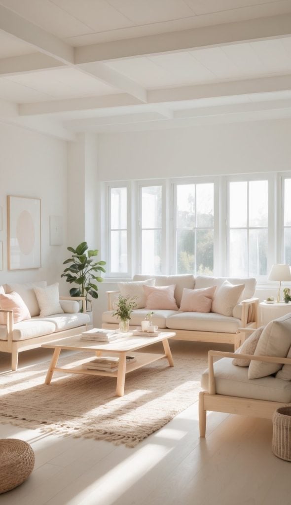 A bright, minimalist living room with large windows, featuring light wooden furniture, soft pink cushions, a beige rug, and a potted plant.