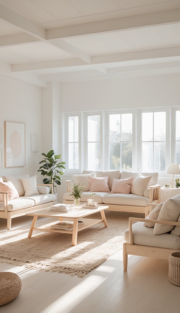 A bright, minimalist living room with large windows, featuring light wooden furniture, soft pink cushions, a beige rug, and a potted plant.