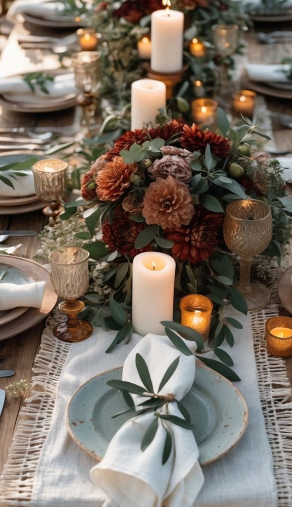 Elegant table setting with a centerpiece of autumn-colored flowers, white candles, and greenery, accompanied by rustic plates and gold-rimmed glassware on a fringed table runner.