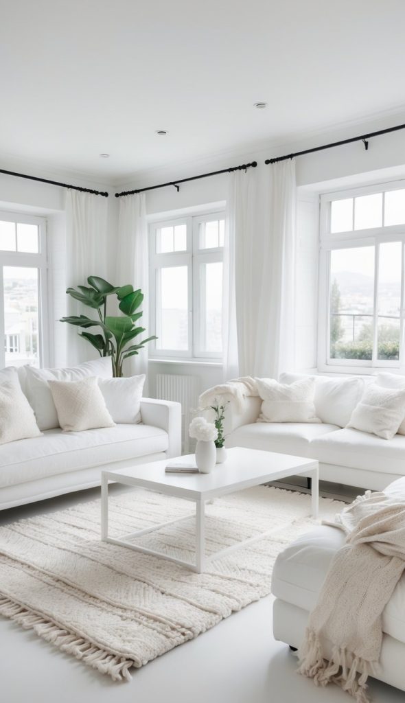 A bright, minimalist living room featuring two white sofas adorned with plush white pillows, a white coffee table with a vase of flowers, and a cream-colored textured rug. Large windows with sheer white curtains offer abundant natural light, and a potted plant adds a touch of greenery.