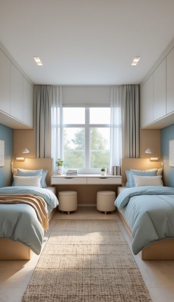 A minimalist bedroom with two single beds on either side of a large window, featuring light blue bedding, a central shared desk with two stools, and soft, natural lighting. The room has a neutral color palette with wood accents and a beige rug on the floor.