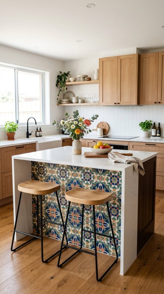 A modern kitchen with light wood cabinets and a white countertop island, featuring colorful patterned tiles on its side. Two wooden stools with black metal legs are in front of the island. The kitchen has a light wood floor and open shelves with dishes and plants. A vase with flowers and a bowl of fruit sit on the island.