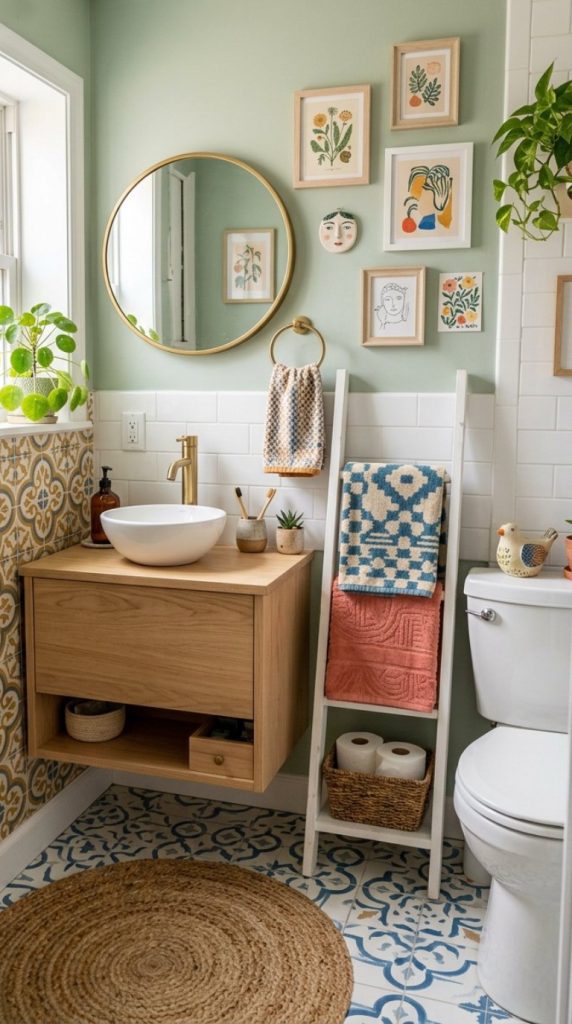 A cozy bathroom featuring a round mirror above a wooden vanity with a white vessel sink and brass faucet. The walls are painted green with white subway tiles, decorated with framed art. A ladder shelf holds towels and a basket of toilet paper. The floor has intricate blue and white tile patterns, and a small jute rug is placed near the toilet.