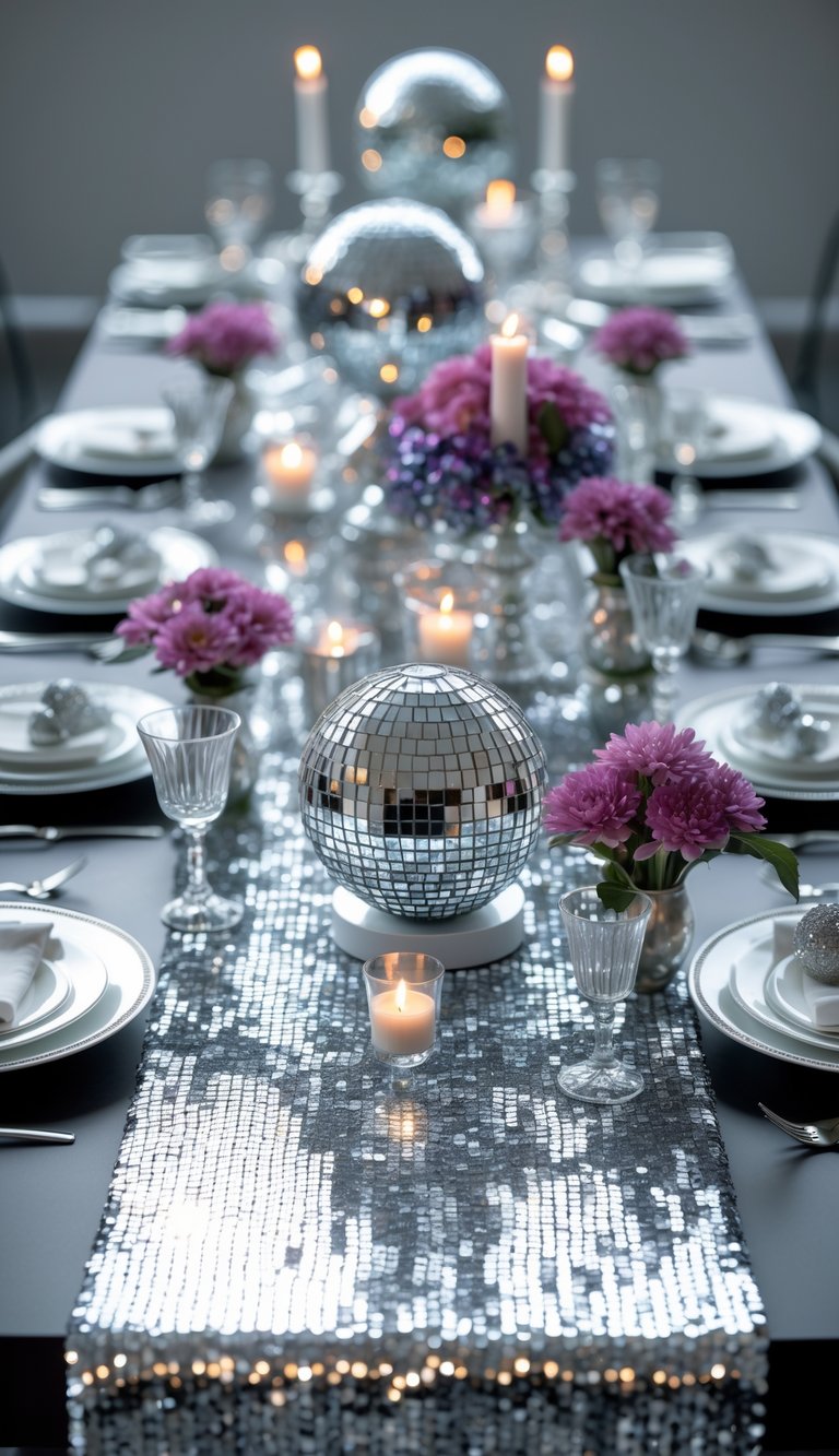 A dining table decorated with a silver disco ball theme, featuring a mirrored sequin table runner, glittering disco ball centerpieces, white candles, and purple floral arrangements.