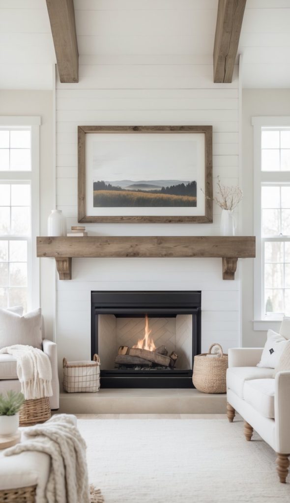 A cozy living room with a modern fireplace, flanked by white armchairs and decorative woven baskets. The room features a wooden beam ceiling and a wooden mantel displaying a landscape painting above the fireplace. Soft blankets are draped over the furniture, adding to the inviting atmosphere.