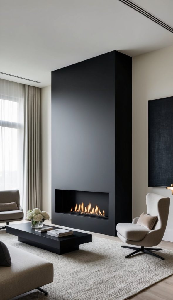 A modern, minimalist living room featuring a sleek black fireplace with a visible flame, light-colored furniture including a swivel chair and low coffee table, a large window with sheer curtains, and decorative items like a vase with flowers on the table.