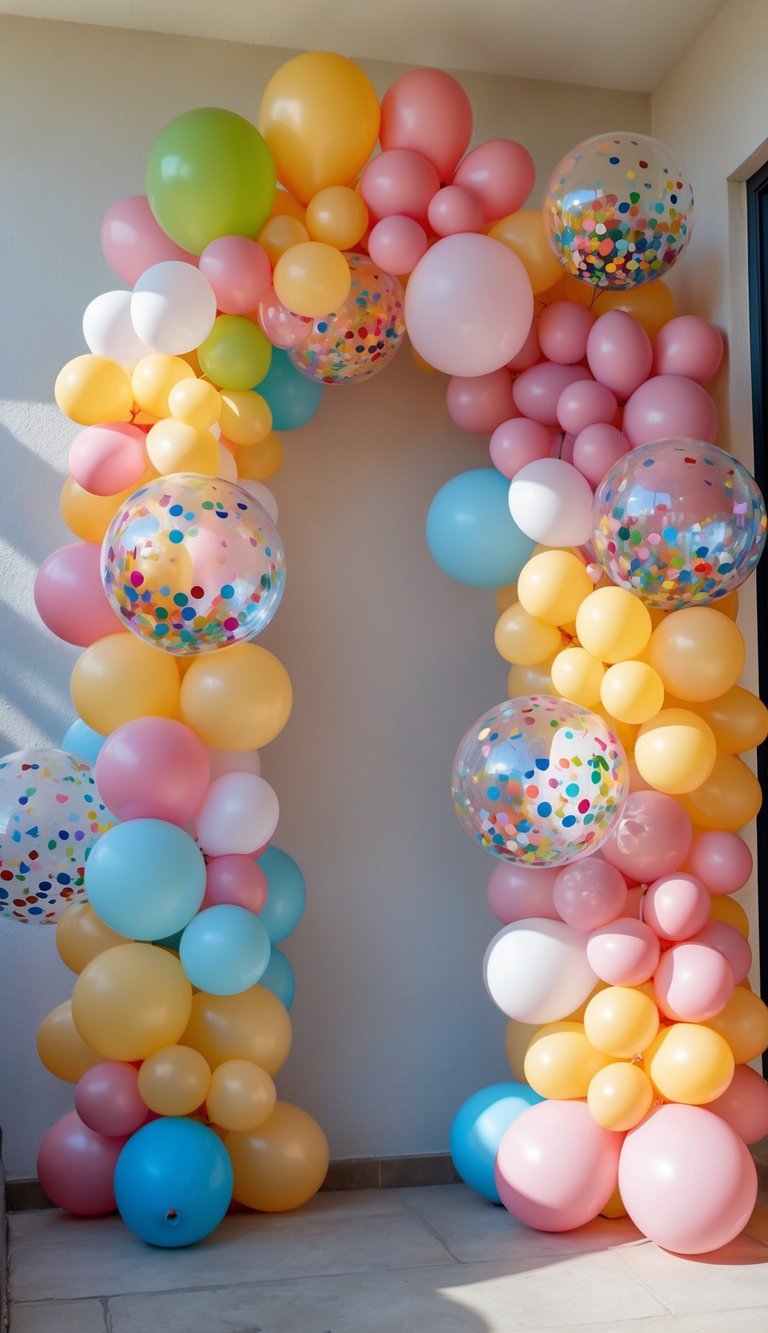 A colorful balloon arch with various sizes of balloons in pastel colors, including pink, yellow, blue, and green, some containing confetti, against a white wall.
