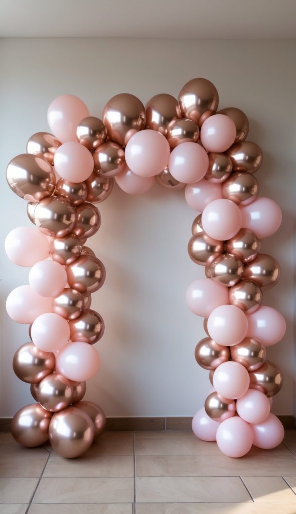 An arch made of rose gold and pink balloons standing on a tiled floor against a light-colored wall.