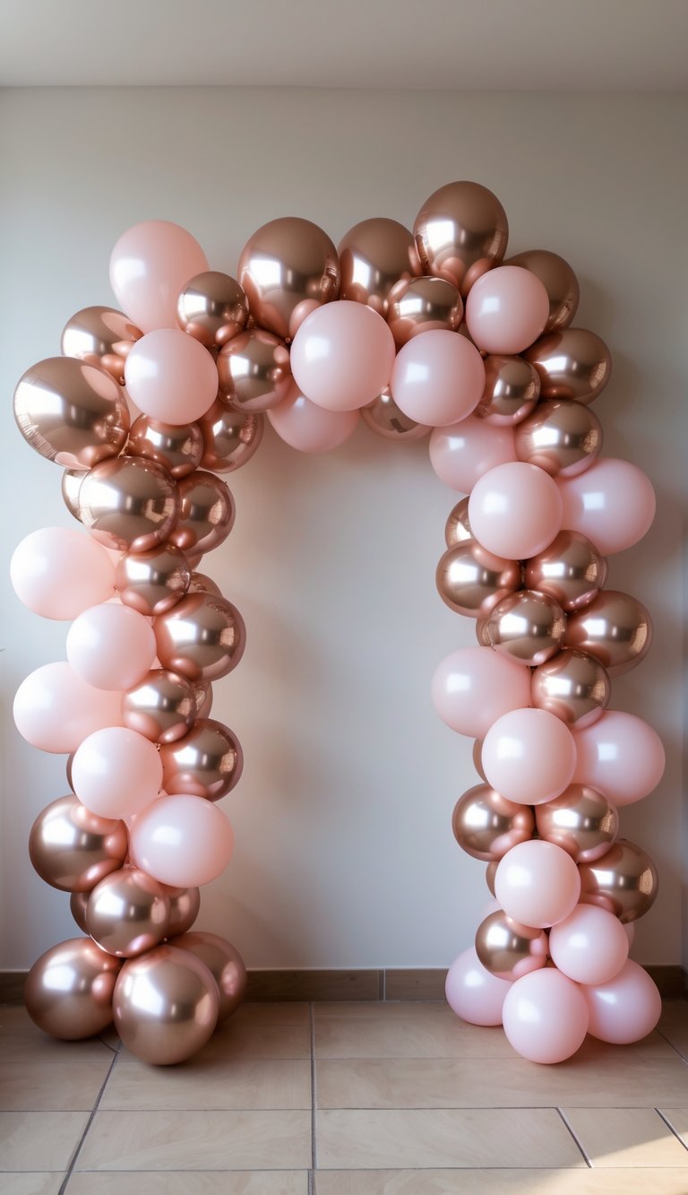An arch made of rose gold and pink balloons standing on a tiled floor against a light-colored wall.