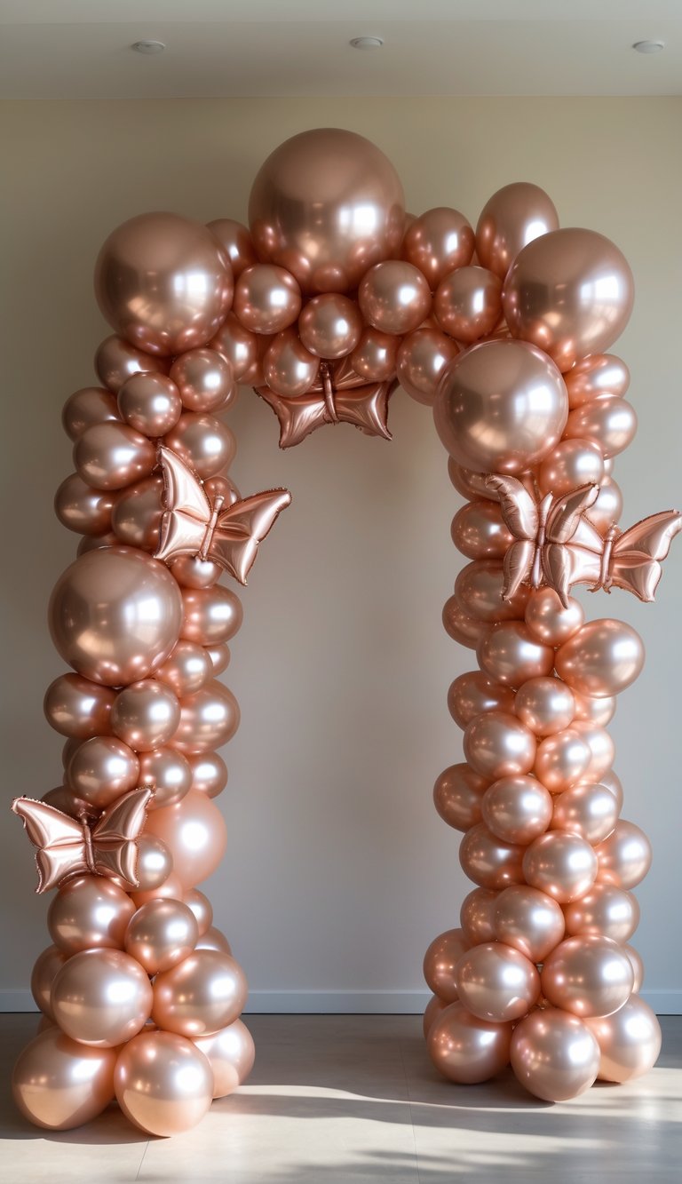 A decorative arch made of metallic rose gold balloons, accented with balloon butterflies, standing in a brightly lit room.