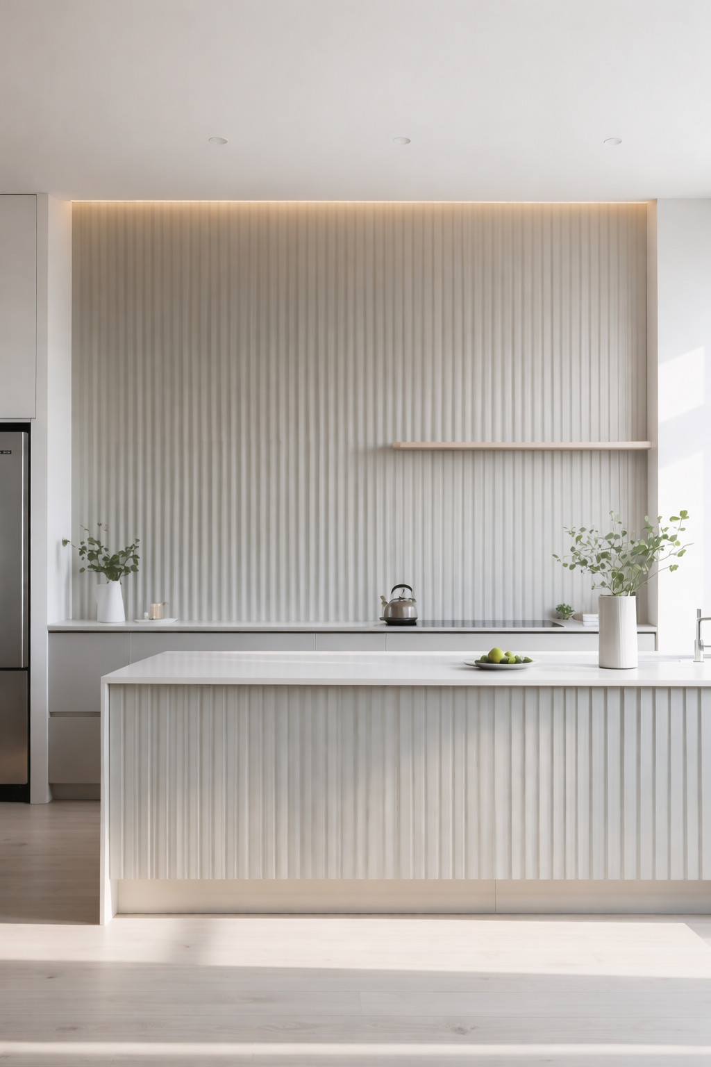A minimalist kitchen with fluted white cabinets, a countertop with decorative plants, a kettle, and a bowl of green fruits, and a feature wall with subtle lighting.
