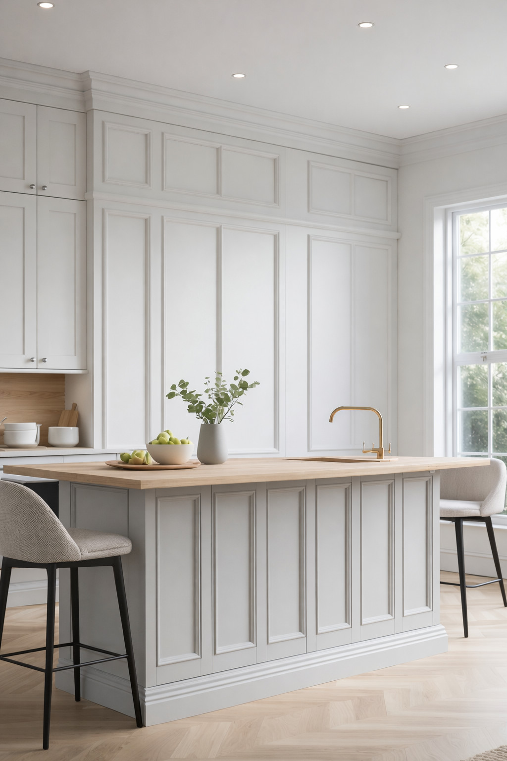 A modern kitchen with a light gray panelled island, wooden countertop, and gold faucet. On top of the island are a bowl of green apples and a vase with greenery. Two beige bar stools are positioned at the island, and white cabinetry and a large window are visible in the background.