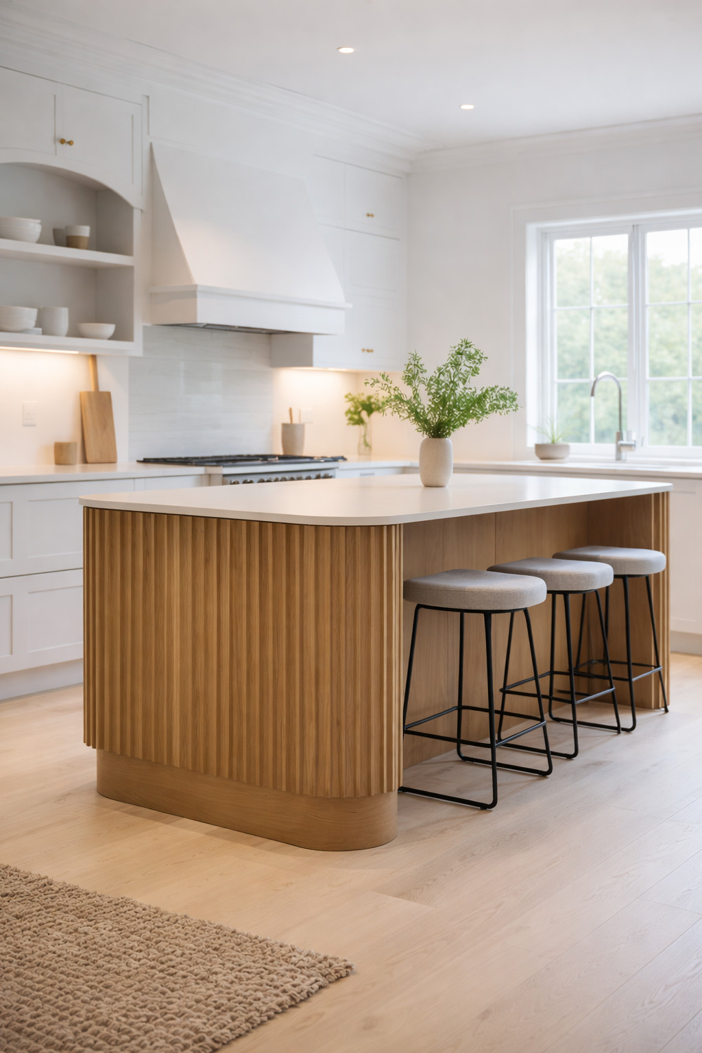 A modern kitchen with white cabinetry and a large wooden island with vertical slats. The island has a light countertop and three bar stools. There is a vase with greenery on the counter. A large window provides natural light, and there is a textured rug on the light wood floor.