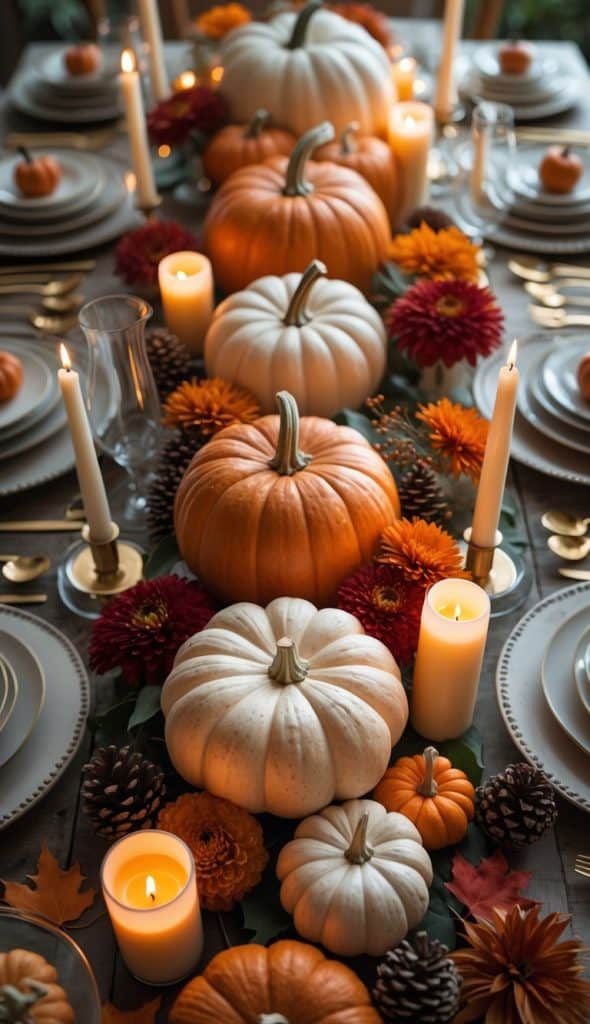 A festive autumn table setting with white and orange pumpkins, pine cones, red and orange flowers, and lit candles arranged along the center of the table. White dinner plates with gold utensils are set on both sides.