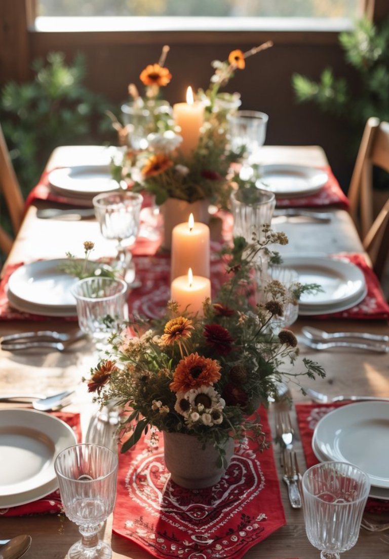 A decorated dining table set for a meal, featuring red bandana table runners, white plates, clear glasses, and a central arrangement of flowers and lit candles.