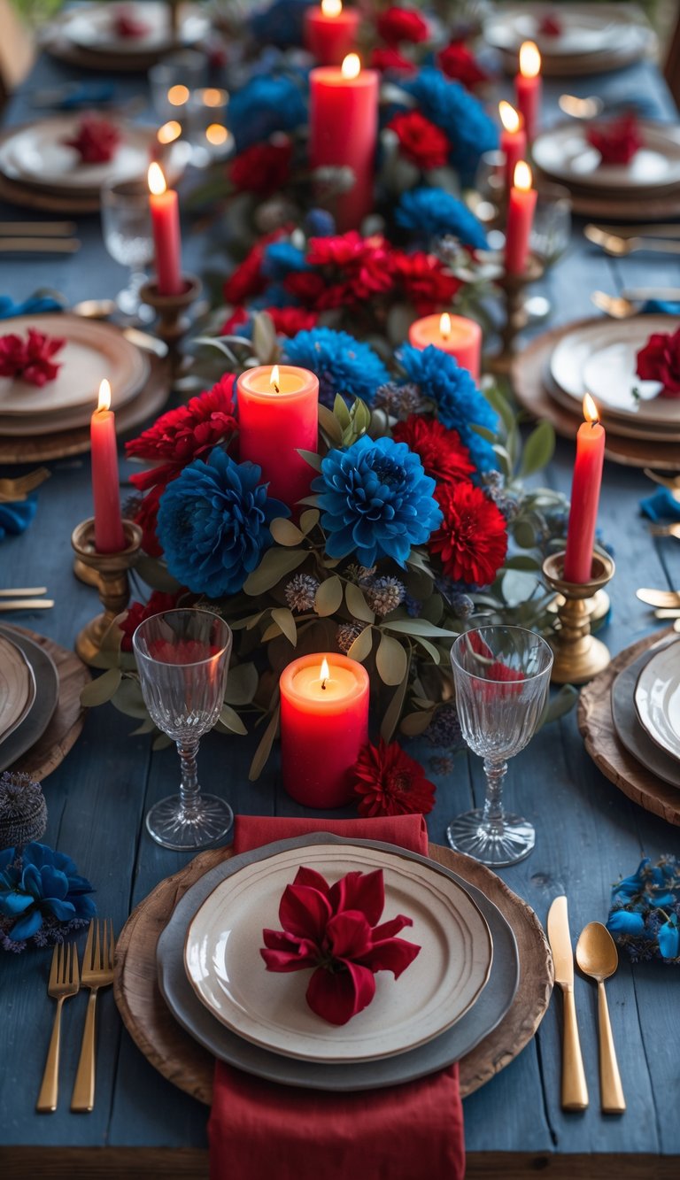 A festive table setting with red and blue flowers, red candles, and elegant dinnerware on a wooden table. Plates are stacked with red napkins, and gold utensils are placed alongside crystal glasses.