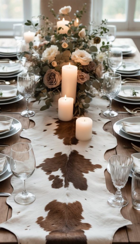 A dining table set with elegant dishes, glassware, and a centerpiece featuring lit candles and floral arrangements on a cowhide table runner.