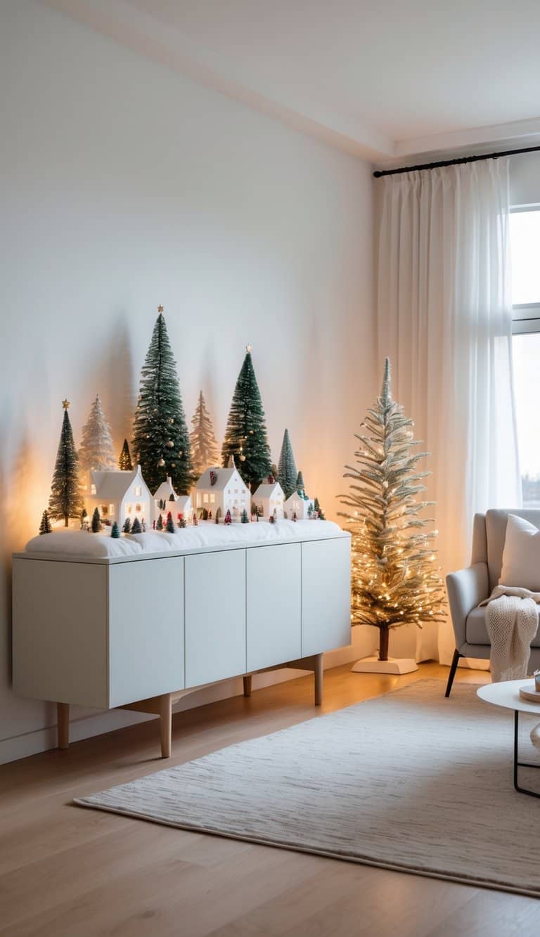 A minimalist living room decorated for Christmas with a white sideboard featuring a holiday village scene, including model houses and trees. Beside it, an illuminated Christmas tree stands in the corner. The room has a light-colored rug, wooden flooring, and sheer white curtains.