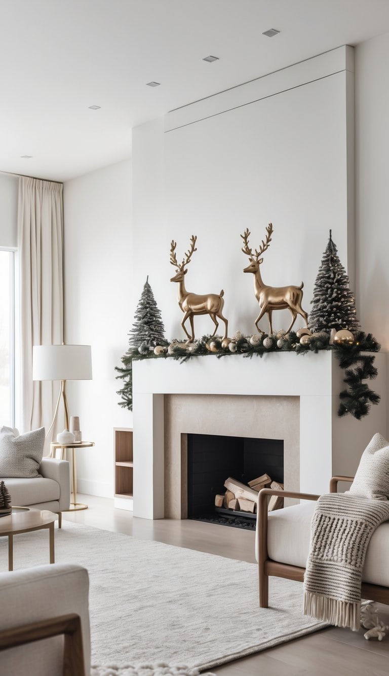 A stylish living room features a white fireplace adorned with gold deer sculptures and decorative evergreen garland. Two decorative trees flank the display, and the room includes a soft, light-colored rug and modern furniture with neutral tones.