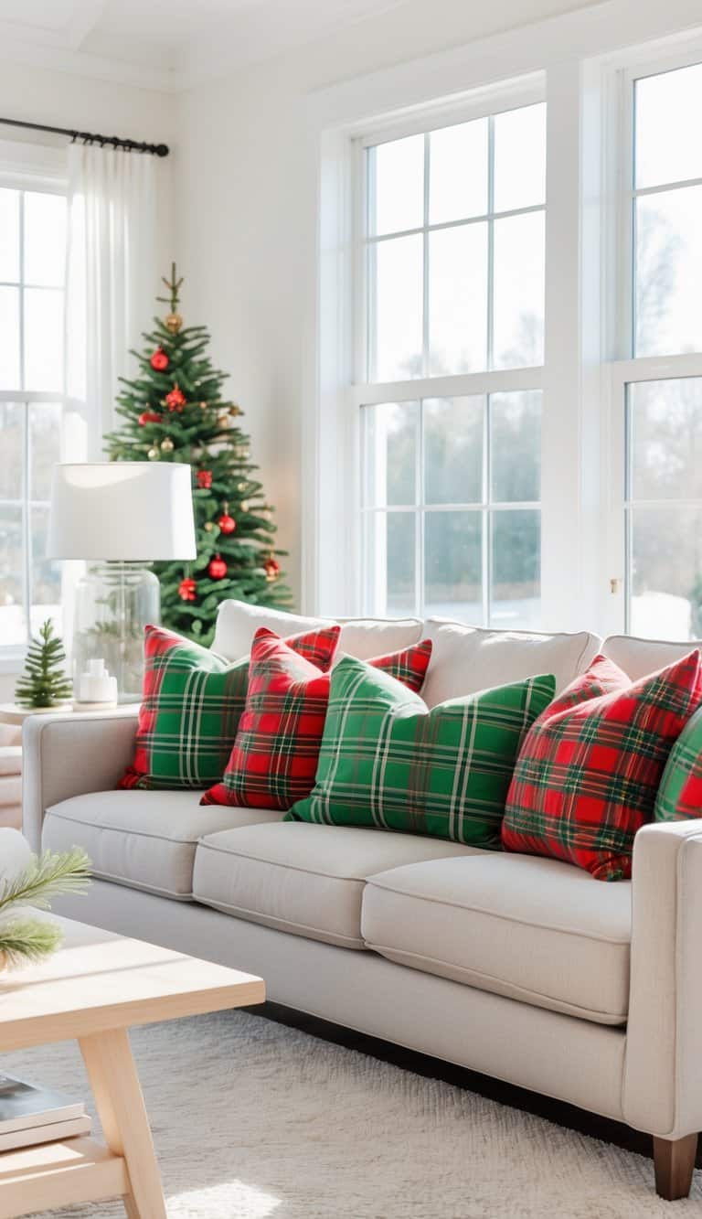 A cozy living room featuring a beige sofa with red and green plaid pillows, a small decorated Christmas tree in the background, and a wooden coffee table with a candle and a small evergreen decoration.