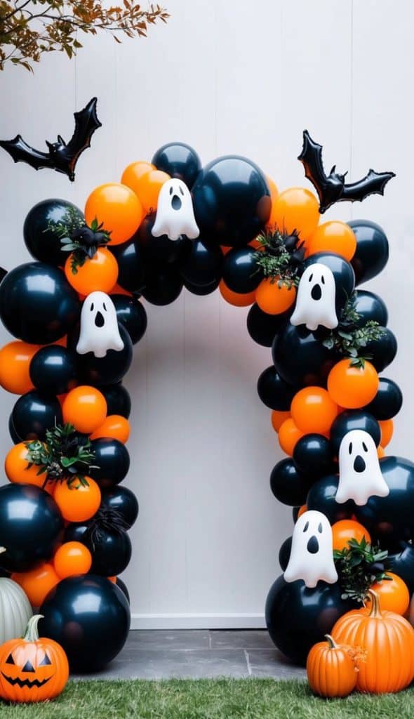 A Halloween-themed balloon arch consists of black and orange balloons, decorated with ghost and bat figures, and surrounded by pumpkins on the grass.