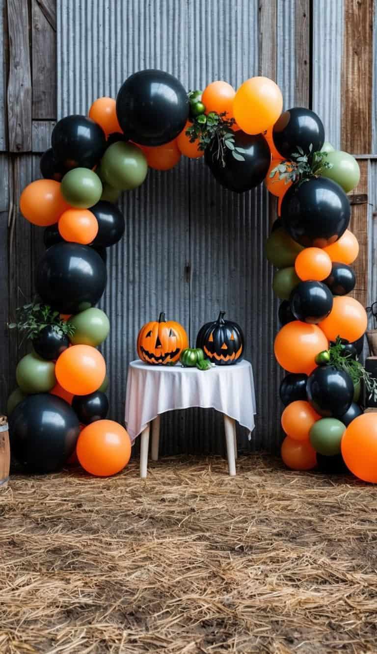 A rustic Halloween-themed display with a balloon arch in black, orange, and green surrounding a small table holding two carved pumpkins, set against a corrugated metal and wood backdrop on a straw-covered floor.