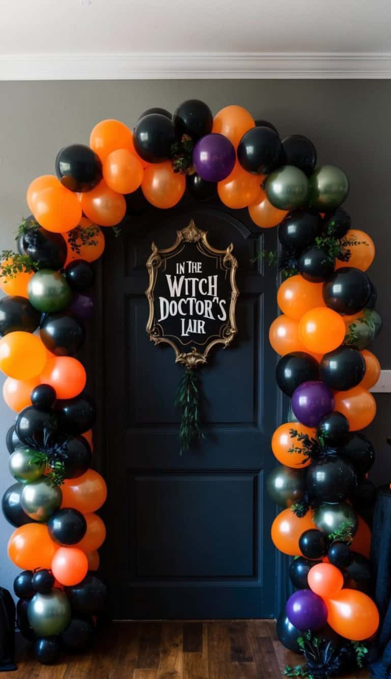 A dark blue door surrounded by a balloon arch with orange, black, green, and purple balloons. In the center of the door, a sign reads "In the Witch Doctor's Lair" with a decorative frame around it. The arch is adorned with small green plants and leaves, enhancing the Halloween-themed decoration.