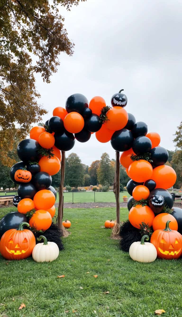 A Halloween-themed balloon arch made of black and orange balloons, decorated with carved pumpkin faces, set in a park with green grass and trees in the background.