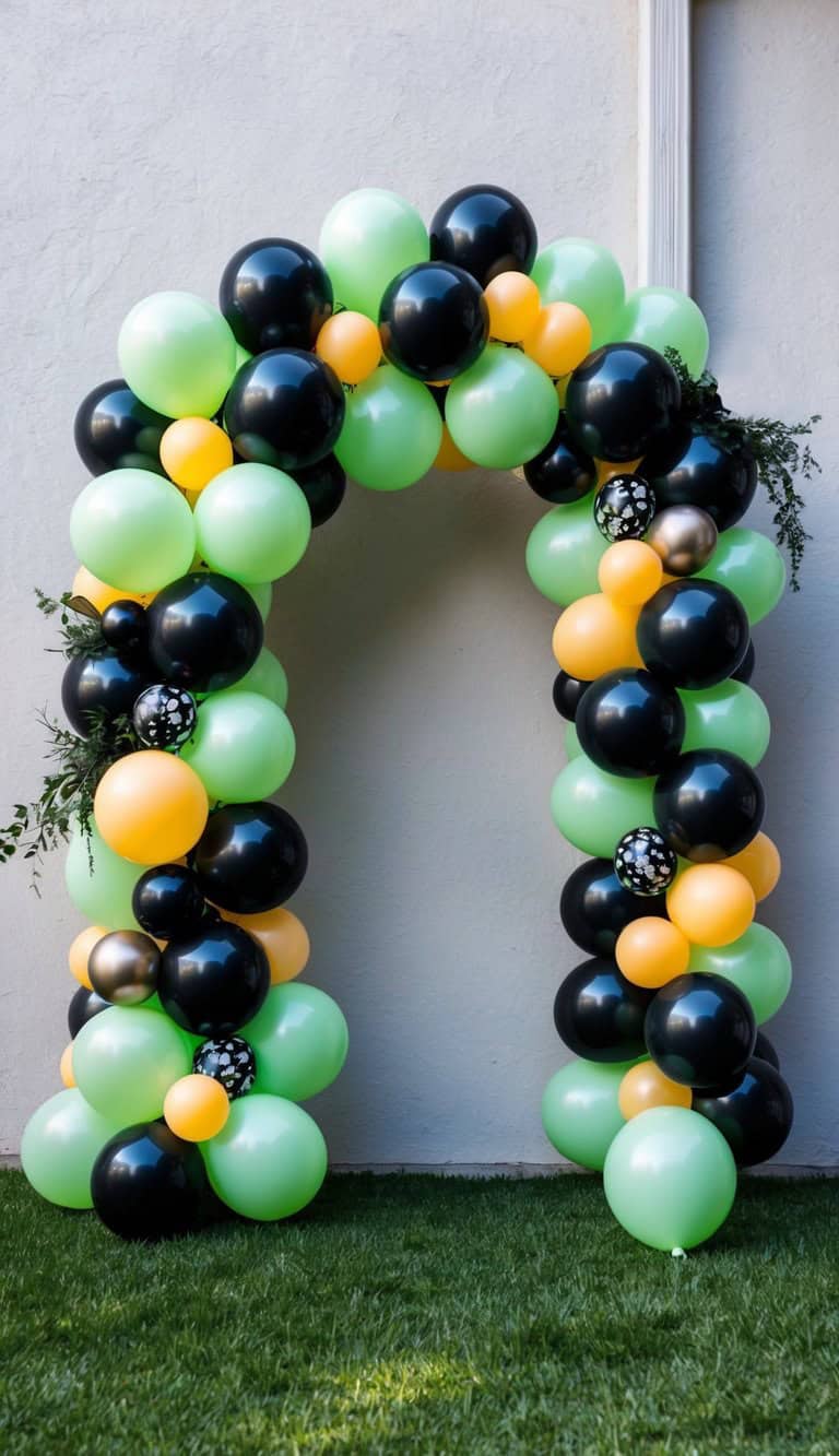 A decorative balloon arch made of green, black, and yellow balloons, adorned with greenery, standing on a grassy area against a pale wall.