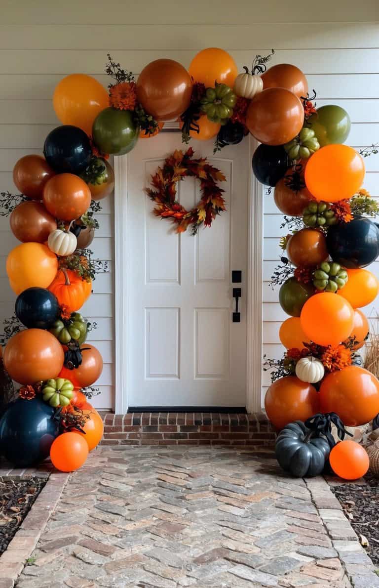 A front door decorated with an arch of colorful balloons in shades of orange, black, green, and white, adorned with small pumpkins and flowers. A wreath of autumn leaves hangs on the white door, which is set in a white exterior wall above a brick step.