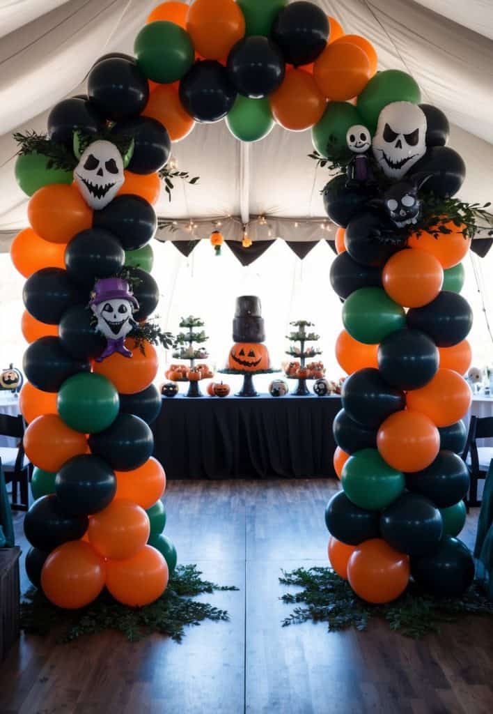 A festive Halloween party setup featuring an archway made of orange, green, and black balloons with skull decorations. Beyond the archway, a table displays a three-tiered cake with a jack-o'-lantern design, surrounded by Halloween-themed treats.