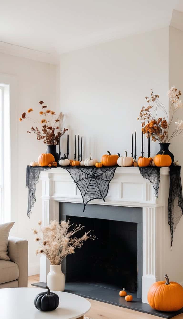 A fireplace mantel decorated for Halloween with a variety of small pumpkins, black candles, and black gauze resembling a spider web. Above the mantel are vases filled with autumn foliage. A black pumpkin sits on a nearby white table, complementing the autumnal décor.