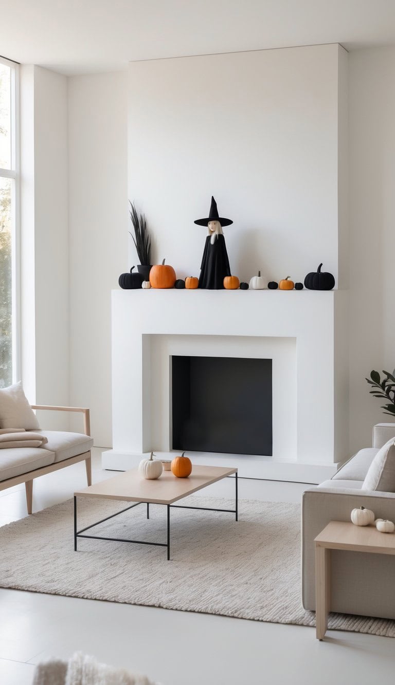A modern living room with Halloween decorations featuring pumpkins and a witch figurine on a white mantel above a fireplace. The room has minimalist furniture in neutral tones, with a beige sofa and wooden coffee table, set on a textured light carpet.