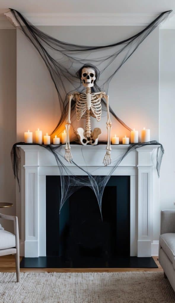 A Halloween-themed fireplace display featuring a skeleton sitting atop the mantel, surrounded by white candles and black spider webs.