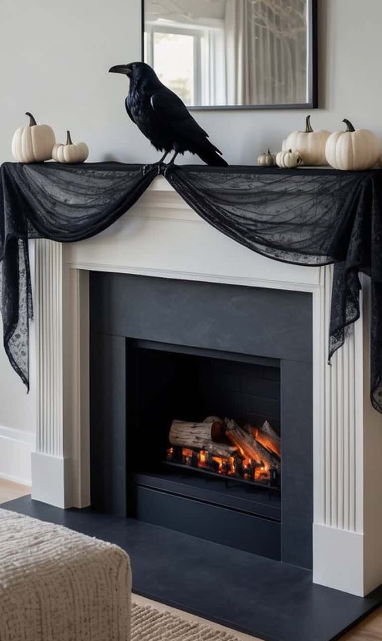 A fireplace decorated with black lace fabric and white pumpkins, featuring a large black crow statue on the mantel.