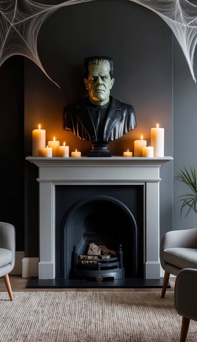 A dimly lit room with a fireplace mantel decorated with a bust of a creature resembling Frankenstein's monster. The mantel is adorned with several lit candles, and fake cobwebs are draped in the corners of the wall. Two chairs flank the fireplace, and a plant is partially visible on the right side.