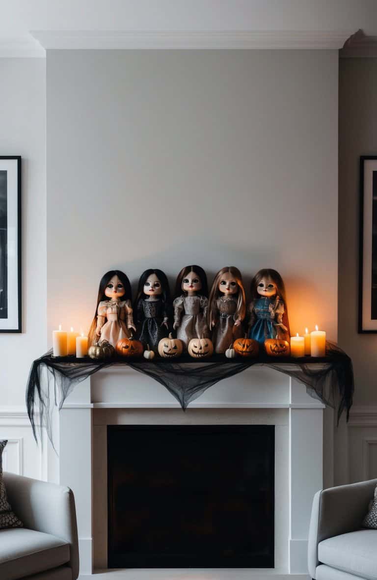 A fireplace mantel decorated for Halloween with black fabric, five fashion dolls wearing gothic outfits, several lit candles, and small carved pumpkins with glowing faces.