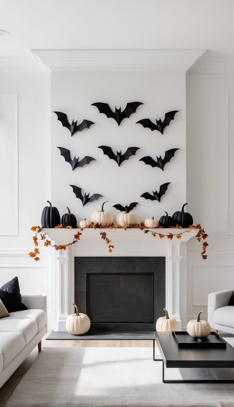 A modern living room decorated for Halloween with black bats on the white wall above the fireplace, and a mantel adorned with black and white pumpkins and autumn leaves garland.