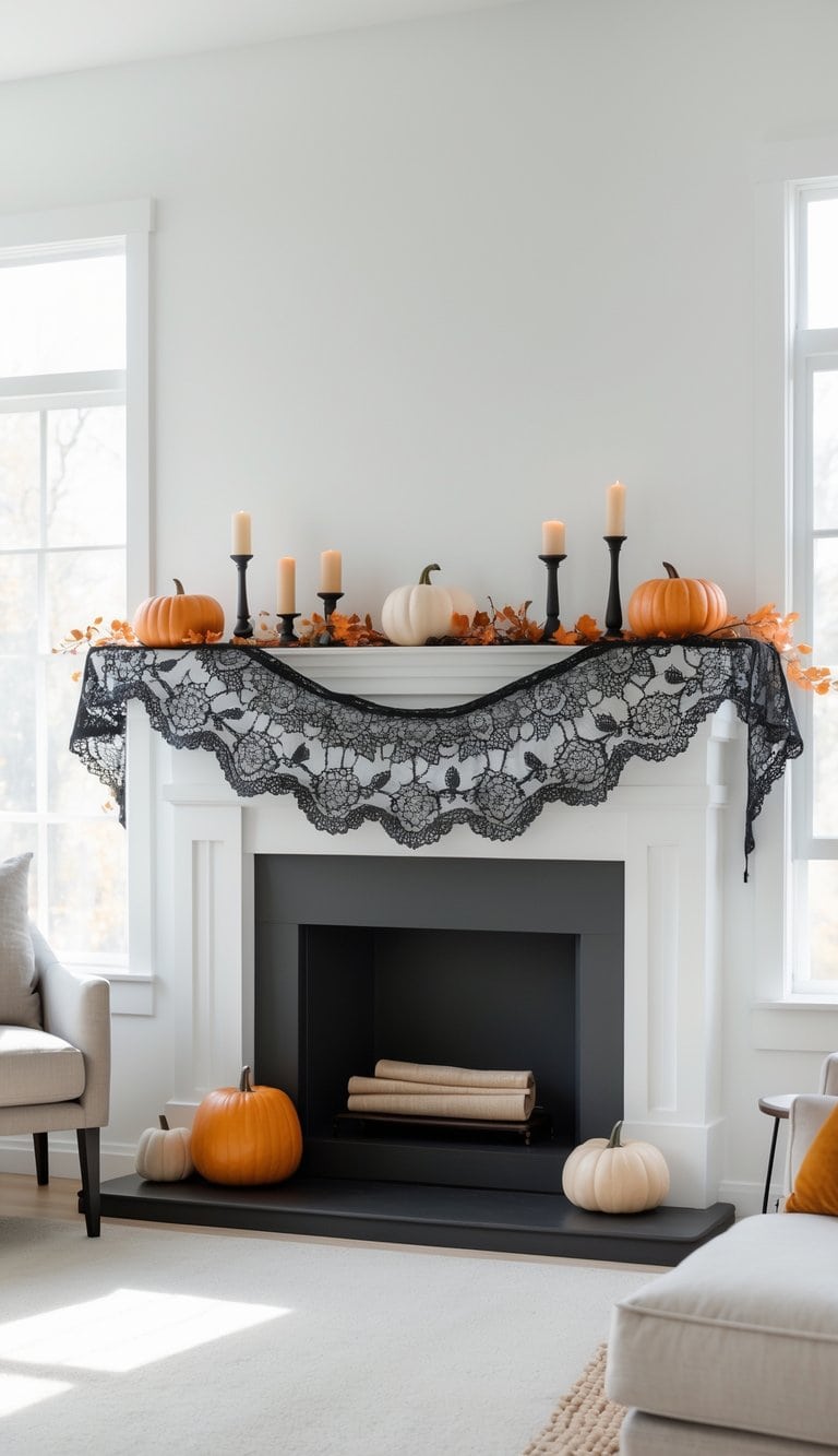 A fireplace mantle decorated for autumn with small white and orange pumpkins, black candlesticks with cream candles, and a black lace runner. The mantel is also adorned with orange leaves, creating a festive look. The interior is bright with ample natural light.