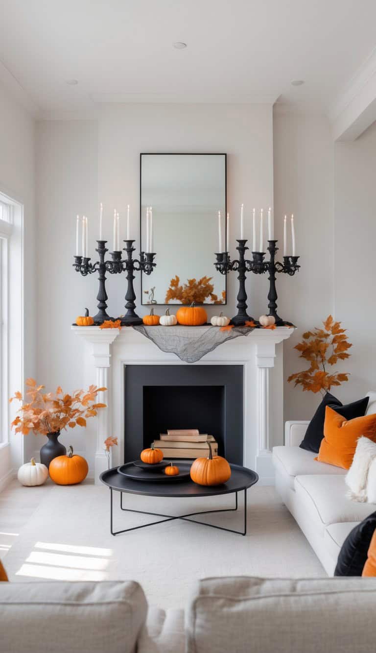 A modern living room decorated for autumn with a white mantel adorned with black candelabras holding tall white candles. Small pumpkins and orange foliage accent the mantel and nearby surfaces. A large mirror hangs above the mantel, and a circular black coffee table holds more pumpkins. The room features white walls and cozy furniture with orange cushions.