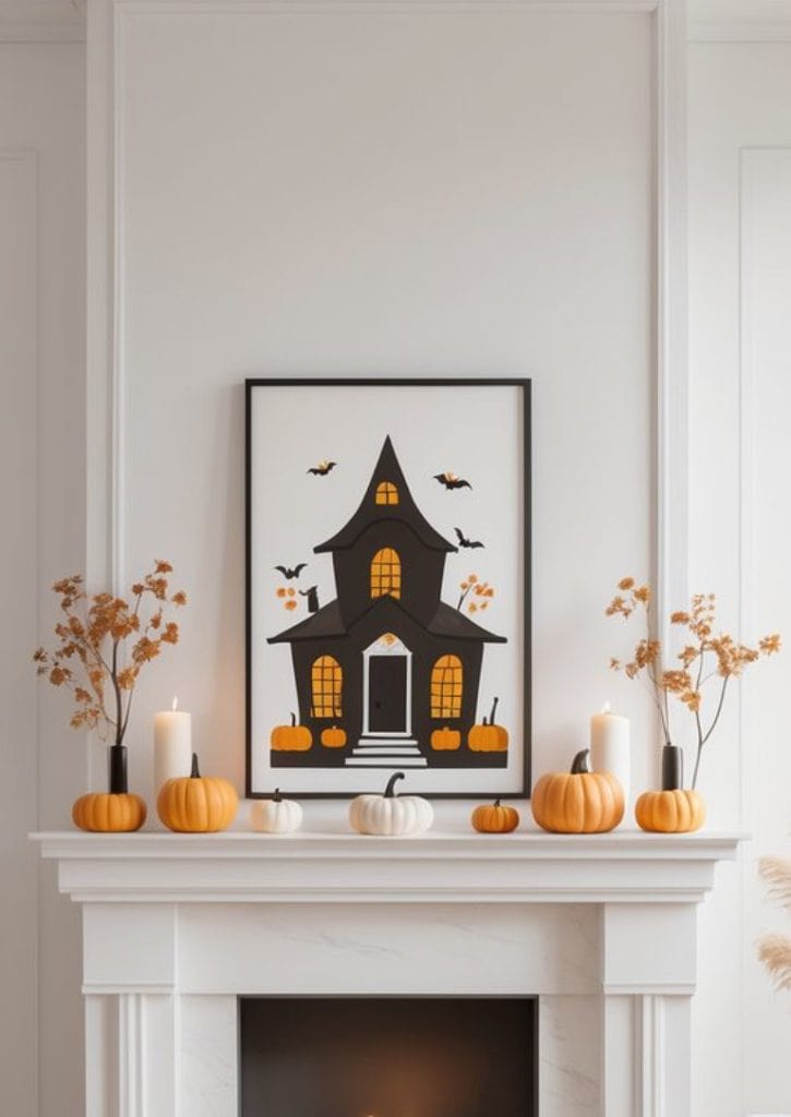 A white fireplace mantel decorated with small orange and white pumpkins, candles, and dried plants. Above the mantel hangs a framed artwork of a haunted house with pumpkins and bats.
