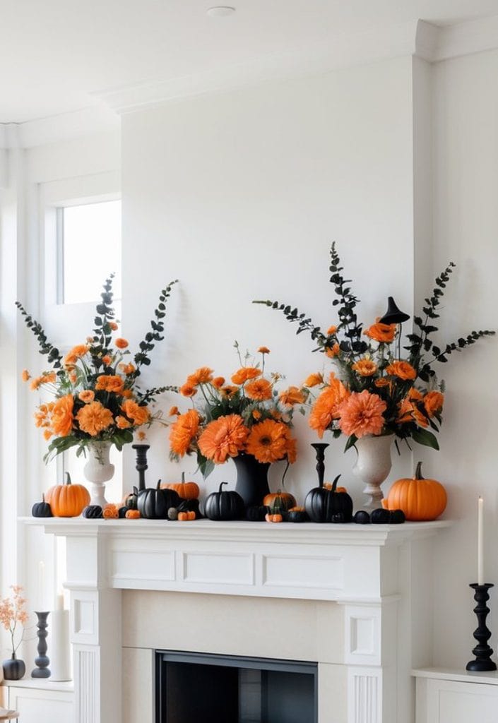 A fireplace mantel decorated with large floral arrangements featuring orange flowers and green foliage. The mantel is also adorned with orange and black pumpkins, black candlesticks, and white candles, creating a festive autumn or Halloween theme.