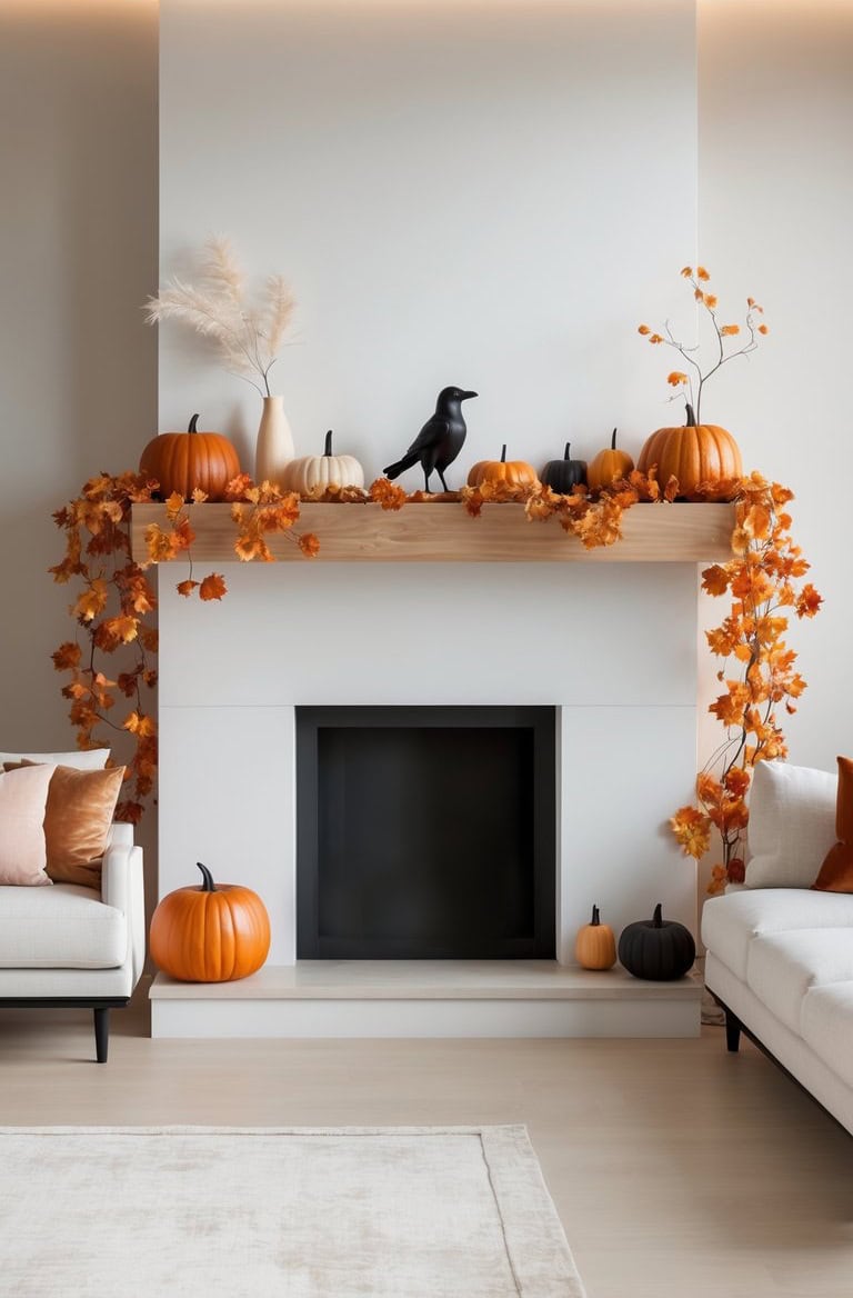 A fireplace mantel decorated for fall with pumpkins, autumn leaves, a black crow figurine, and vases, flanked by white couches.