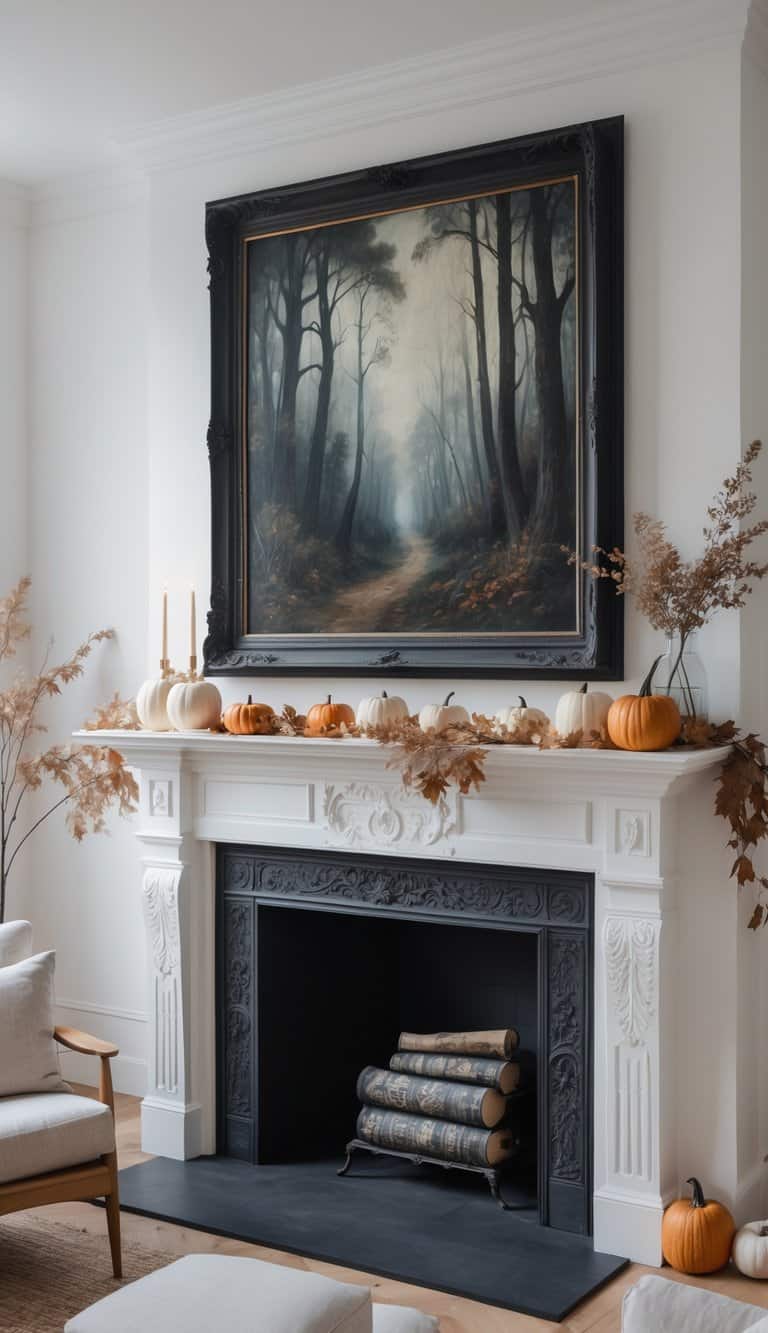 A cozy living room featuring a white ornate fireplace mantel adorned with small pumpkins and autumn foliage. Above the mantel hangs a large framed painting of a misty forest scene. The fireplace is unused, with decorative logs inside, and the room is softly lit by candles.