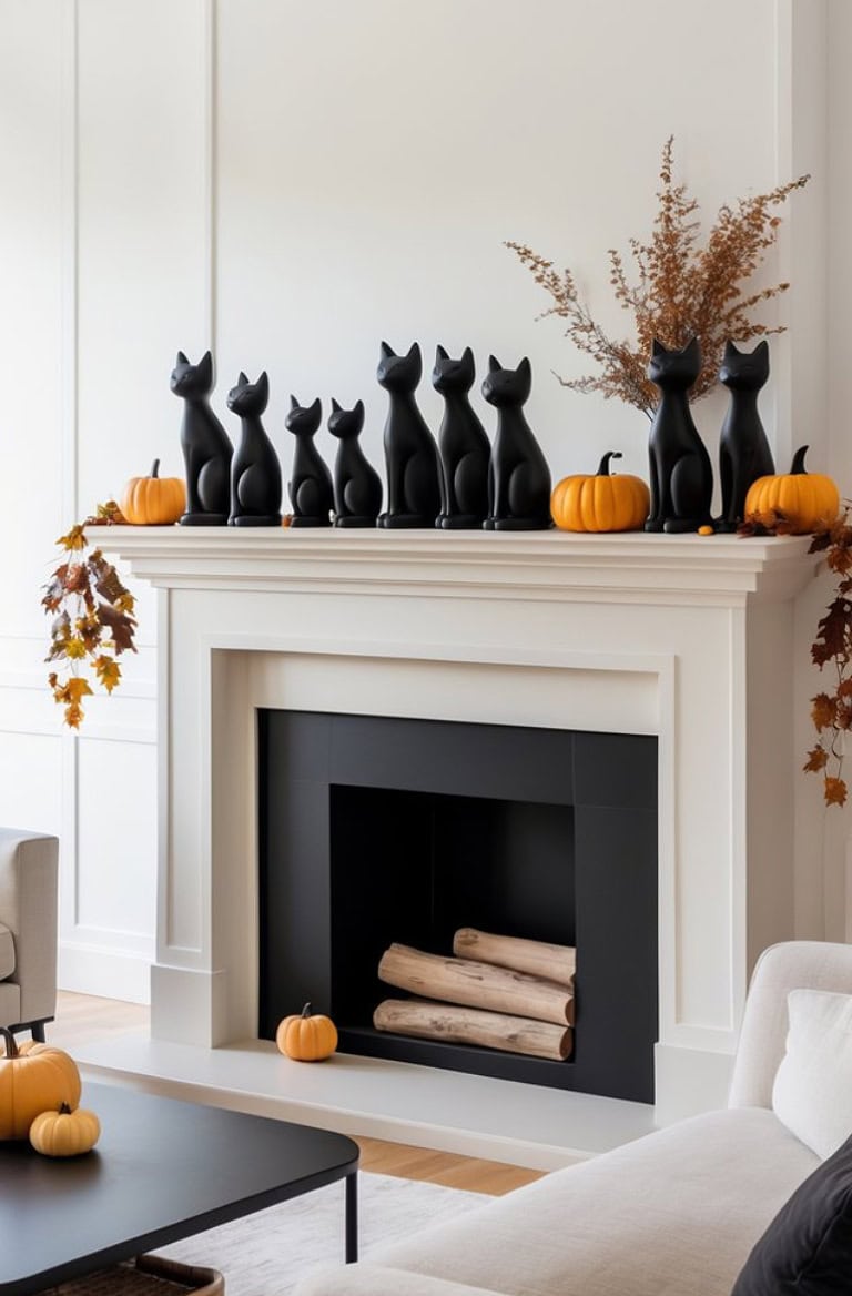 A white fireplace mantel decorated with black cat figurines and small pumpkins, surrounded by autumn leaves and branches, with logs inside the fireplace and a nearby black coffee table with a pumpkin.