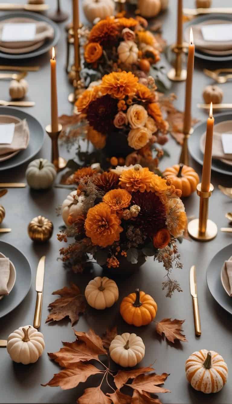 An elegant autumn-themed table setting features bouquets of orange and brown flowers, surrounded by small pumpkins and fall leaves, with gold utensils and lit candles creating a warm, festive atmosphere.