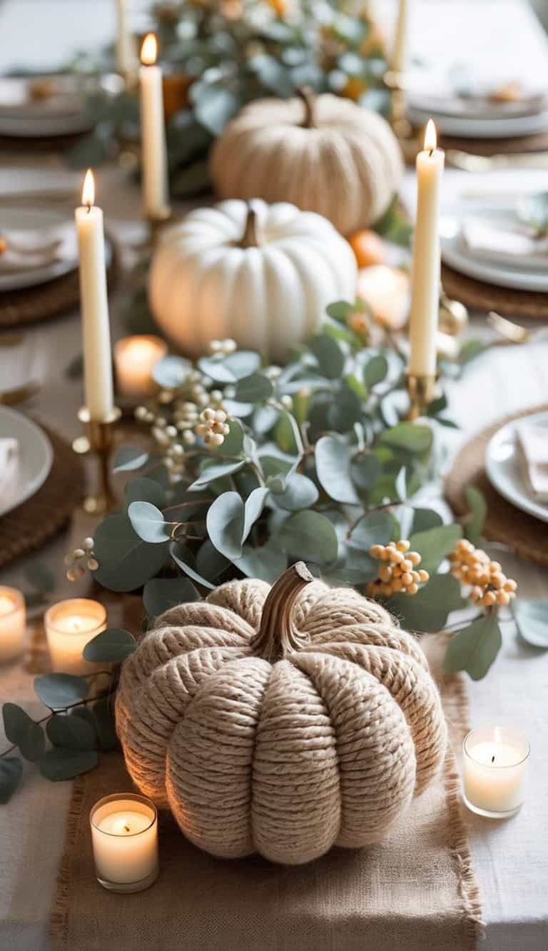 A decorative table setting featuring a knitted pumpkin centerpiece surrounded by eucalyptus leaves, white berries, candles, and additional pumpkins, creating a rustic and cozy autumn ambiance.