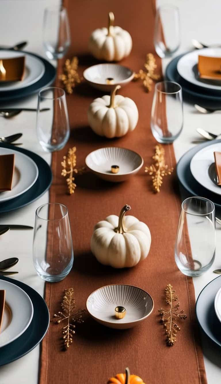 A Thanksgiving table setting featuring small white pumpkins, blue plates with white interiors, gold cutlery, and clear glassware on a brown table runner.