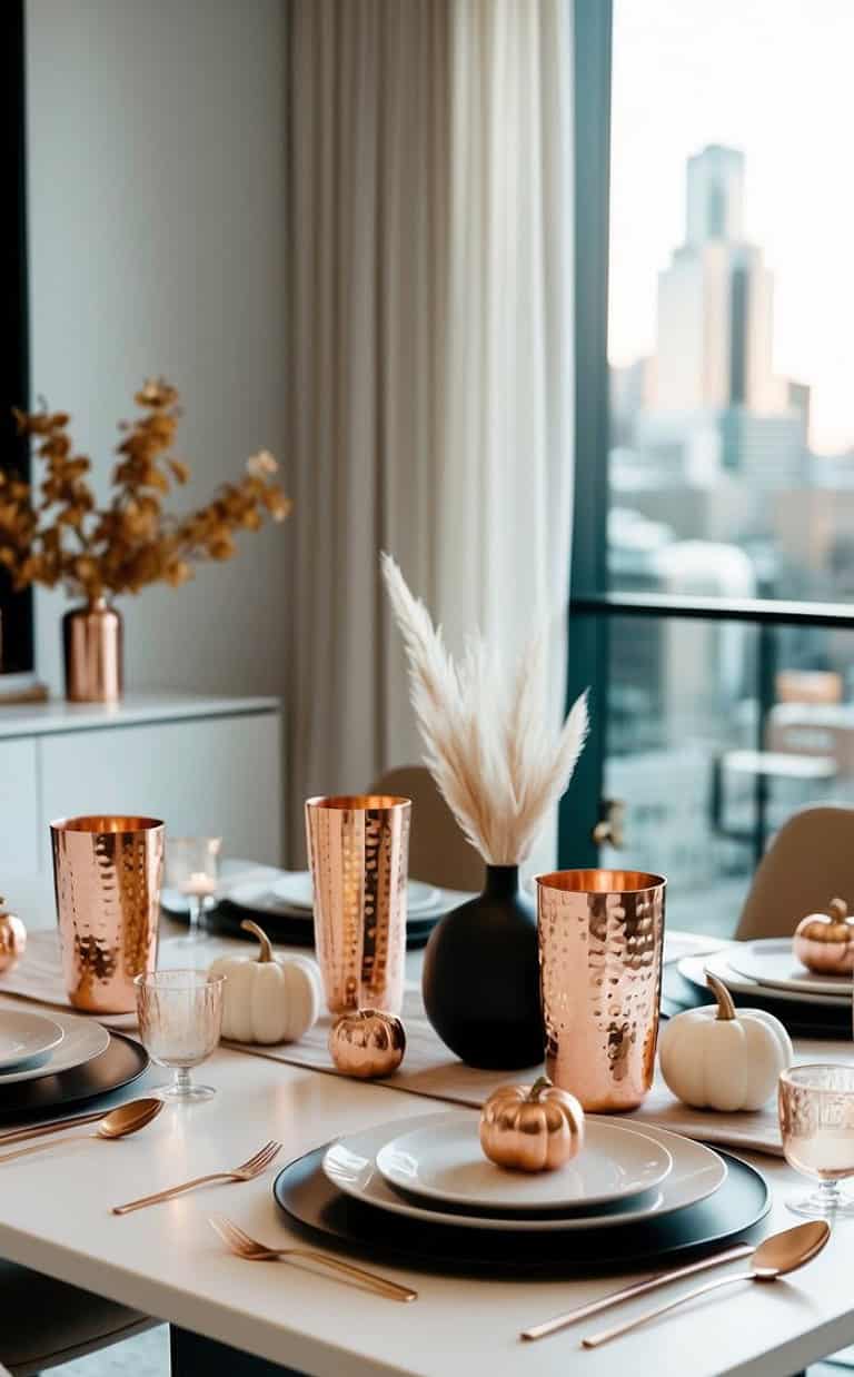A modern dining table set with white plates, black chargers, and copper cutlery, featuring copper goblets and small decorative pumpkins in copper and white. A black vase with pampas grass and a view of a city skyline are visible in the background.